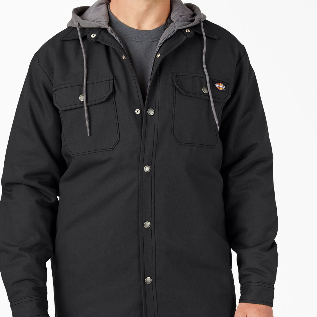 New Mens Dickies Black Gray Duck Canvas Hooded Shirt Jacket Large